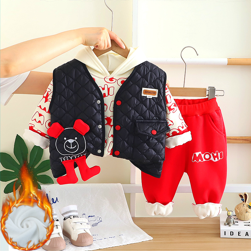 儿童加绒加厚棉服套装男童冬装棉袄马甲男宝宝冬季保暖卫衣三件套