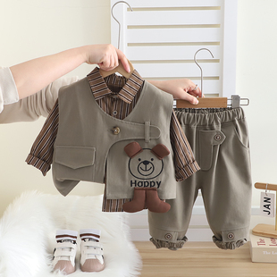 男童春装套装儿童春季工装衬衫三件套男孩春秋款衣服一岁宝宝外套