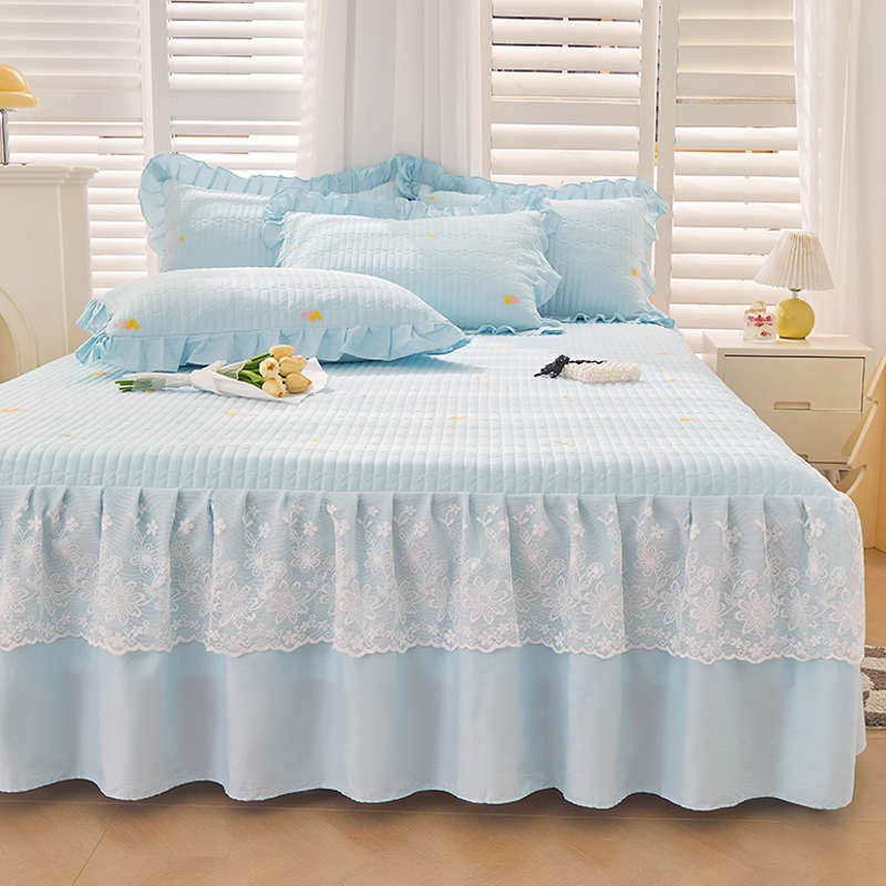 A类全棉高端绣花夹棉床裙式床罩单件100纯棉床套三件套防滑保护套