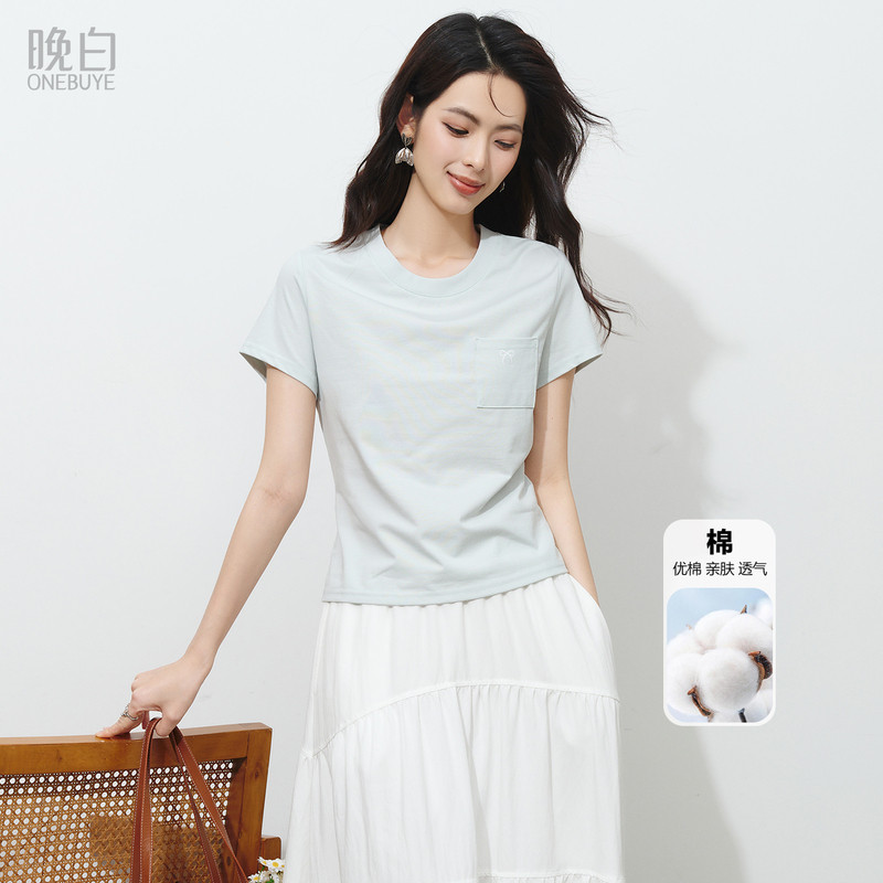 晚白极简风棉质T恤女2026夏新款蝴蝶结口袋短款浅蓝色休闲上衣