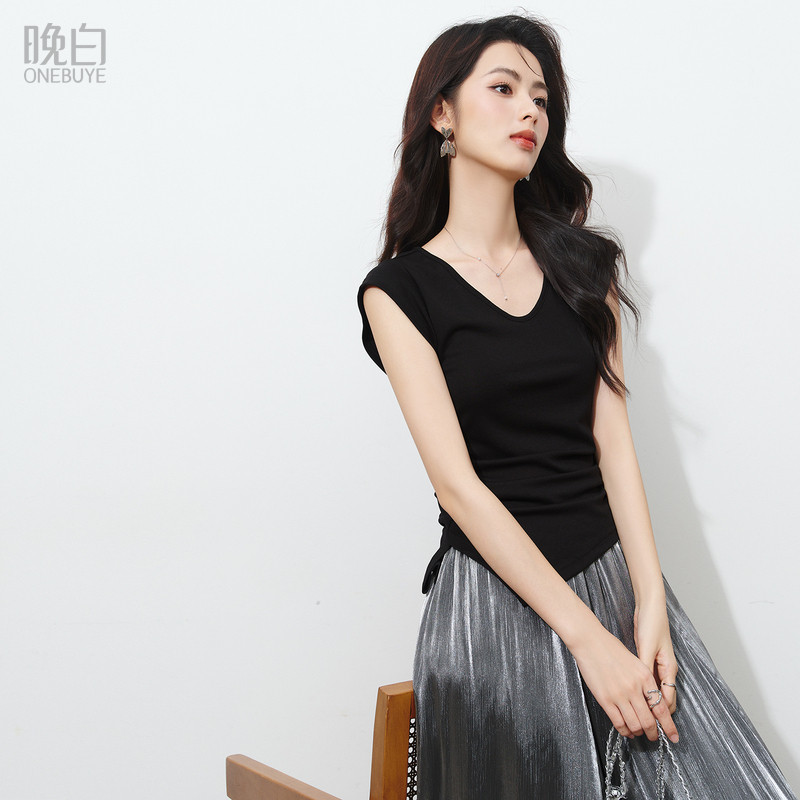 晚白莱赛尔V领瘦瘦T恤女