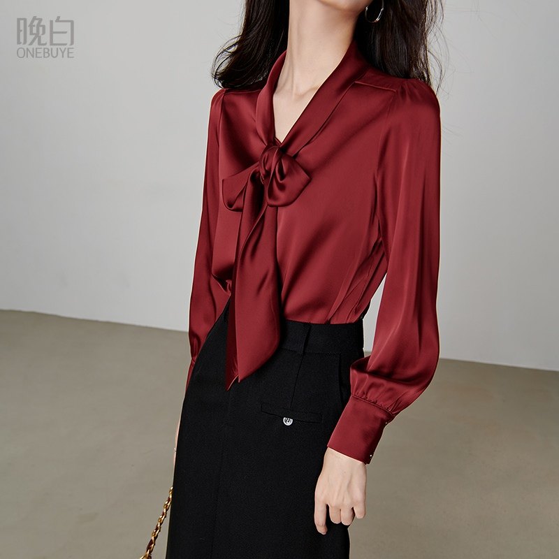 晚白系带蝴蝶结领衬衣2026秋季新款气质中国红知性通勤衬衫女