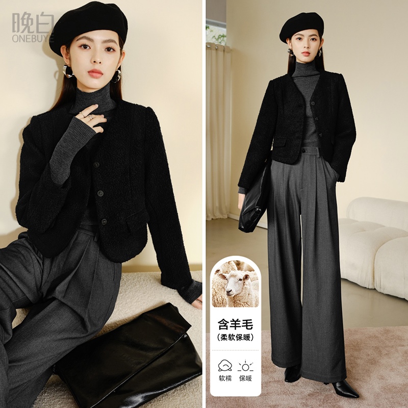 晚白绵羊毛摇粒绒短款外套