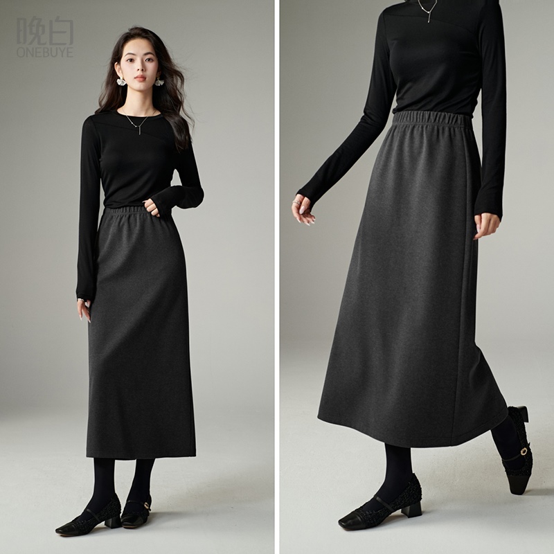 晚白高弹厚毛呢直筒半身裙