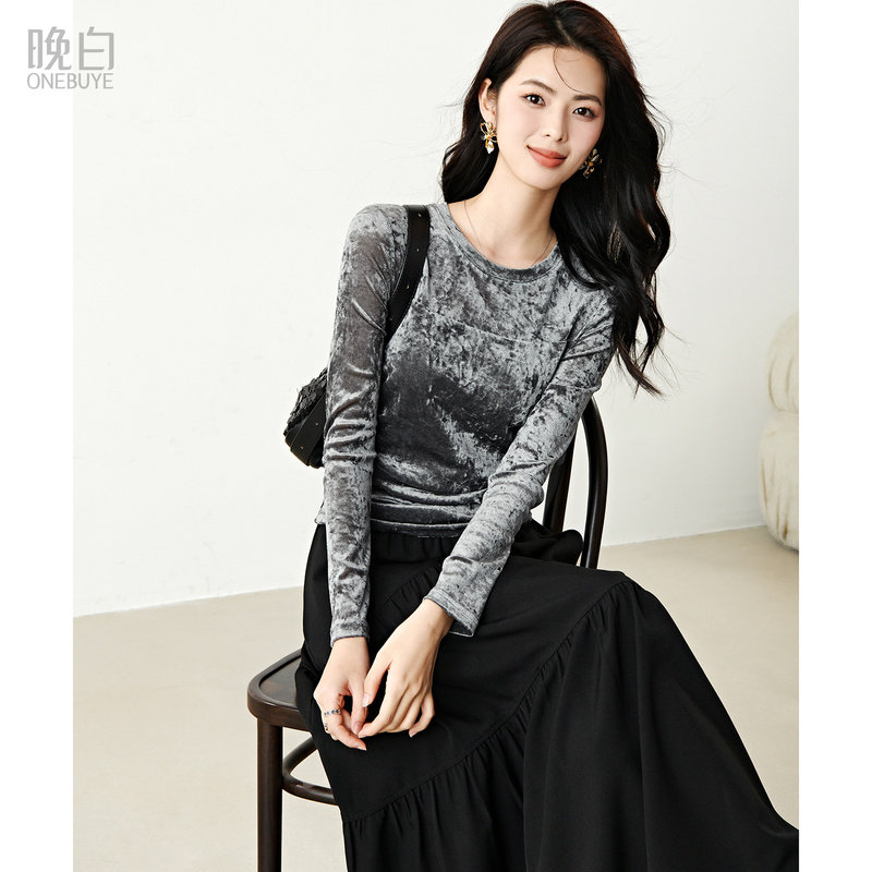 晚白丝绒网纱修身T恤衫女