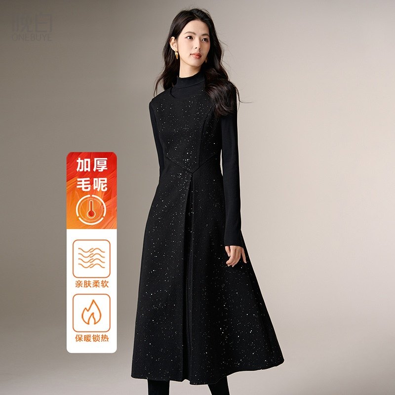 晚白优雅修身亮片毛呢裙秋冬季知性挺括垂坠显瘦无袖连衣裙
