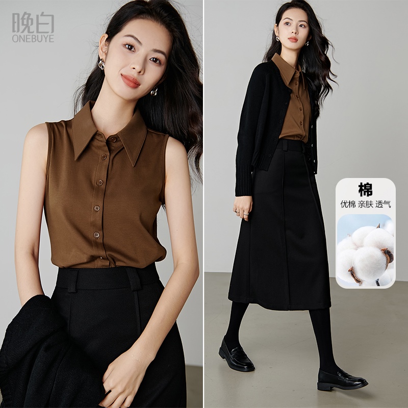 晚白棉质翻领吸湿透气衬衫