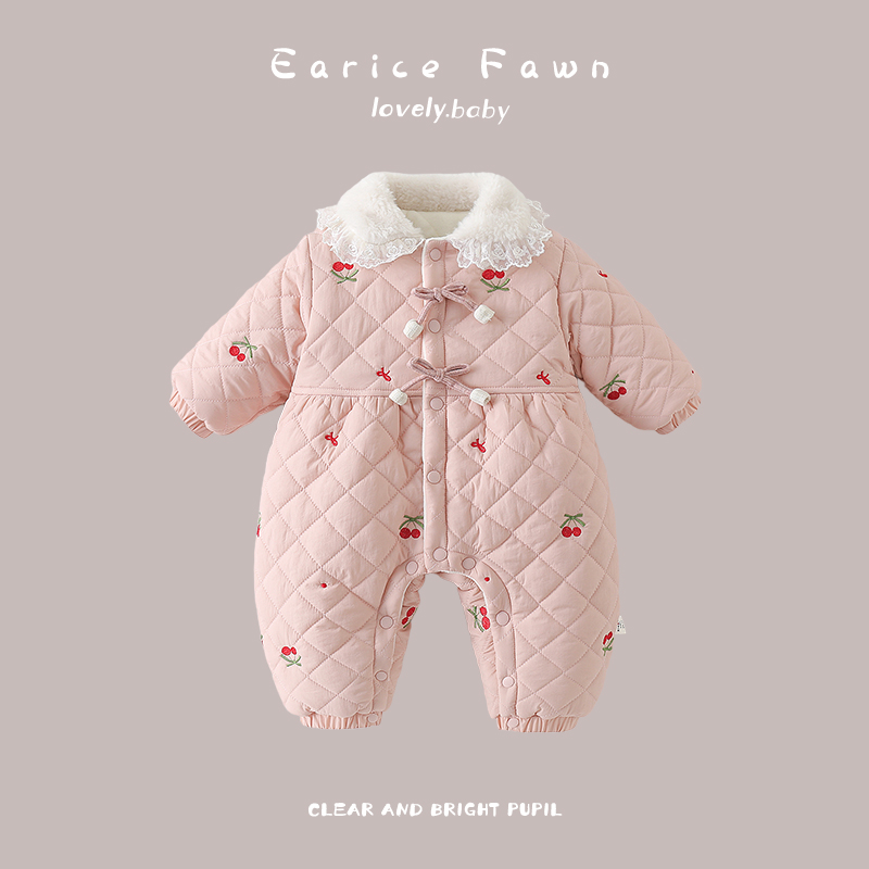 新生儿婴儿冬装衣服女宝宝洋气可爱加厚棉服冬天外穿加绒连体衣抱