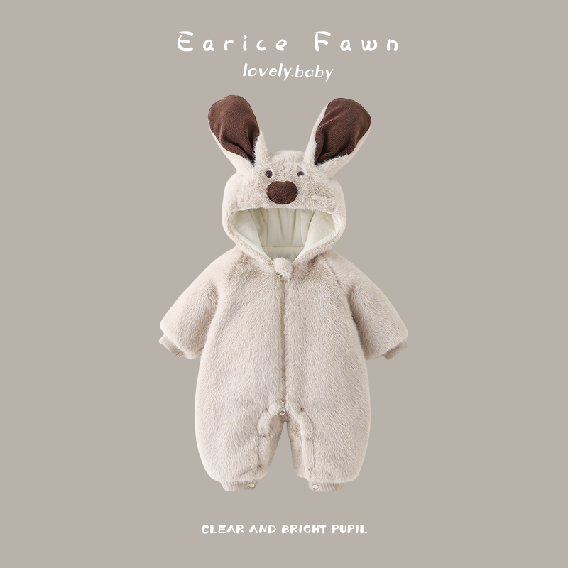 冬季卡通加厚连体衣宝宝外出爬爬服满月百天棉衣可爱超萌连帽哈衣