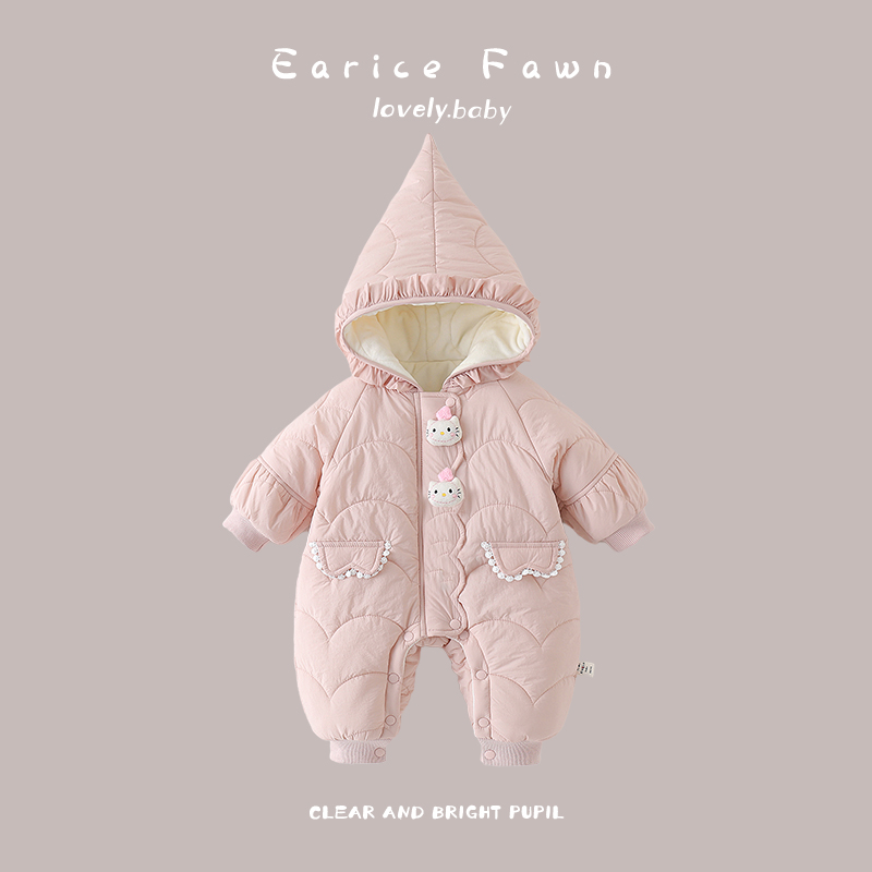 网红女婴冬季夹棉连体衣小月龄宝宝超洋气可爱连帽棉衣外穿爬爬服