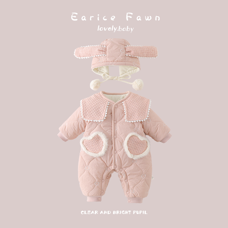 冬季女宝宝加厚夹棉爬爬服初生婴儿衣服棉服加绒连体衣保暖外出服