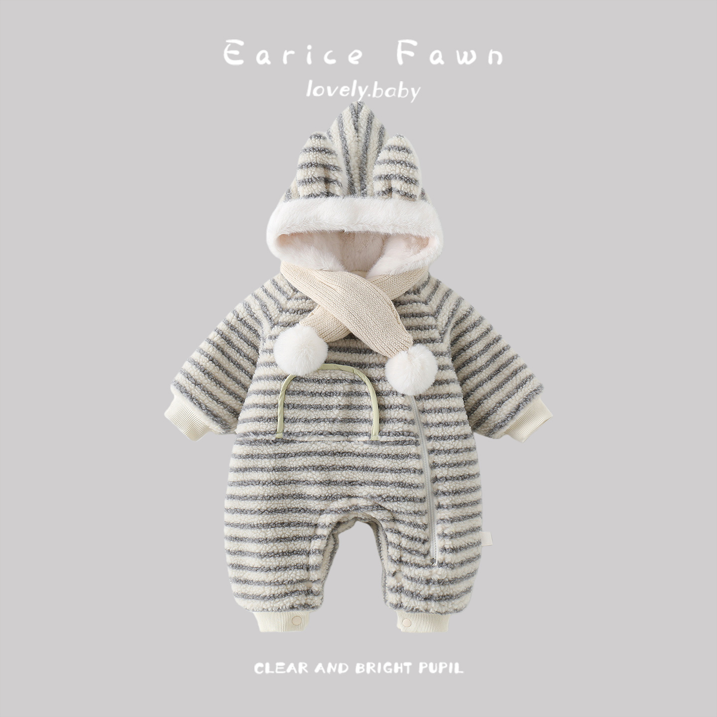 冬款婴儿衣服秋冬宝宝保暖连体衣加绒棉衣外出服加厚条纹连帽爬服