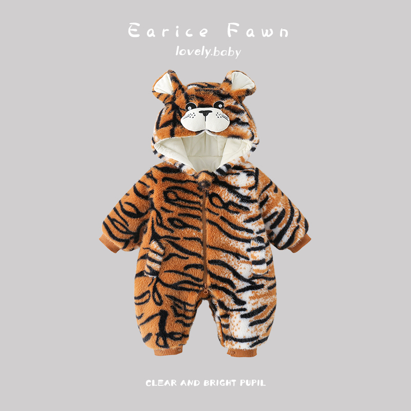 婴儿衣服冬季加厚加绒棉衣宝宝冬天连帽夹棉连体衣可爱老虎爬爬服