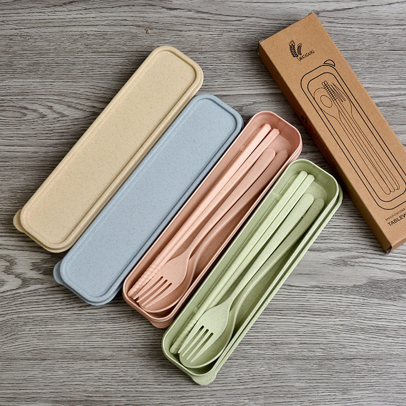小麦秸秆筷子勺子叉套装小学生餐具三件套收纳盒便携式户外旅行,餐饮具,便携/折叠餐具,淘宝优惠券,粉丝福利购,淘宝优惠卷