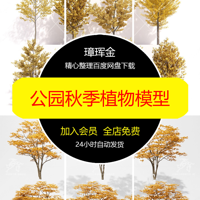 秋季庭院公园SU模型黄色乔木红色红枫景观树园林银杏秋天模型xd97