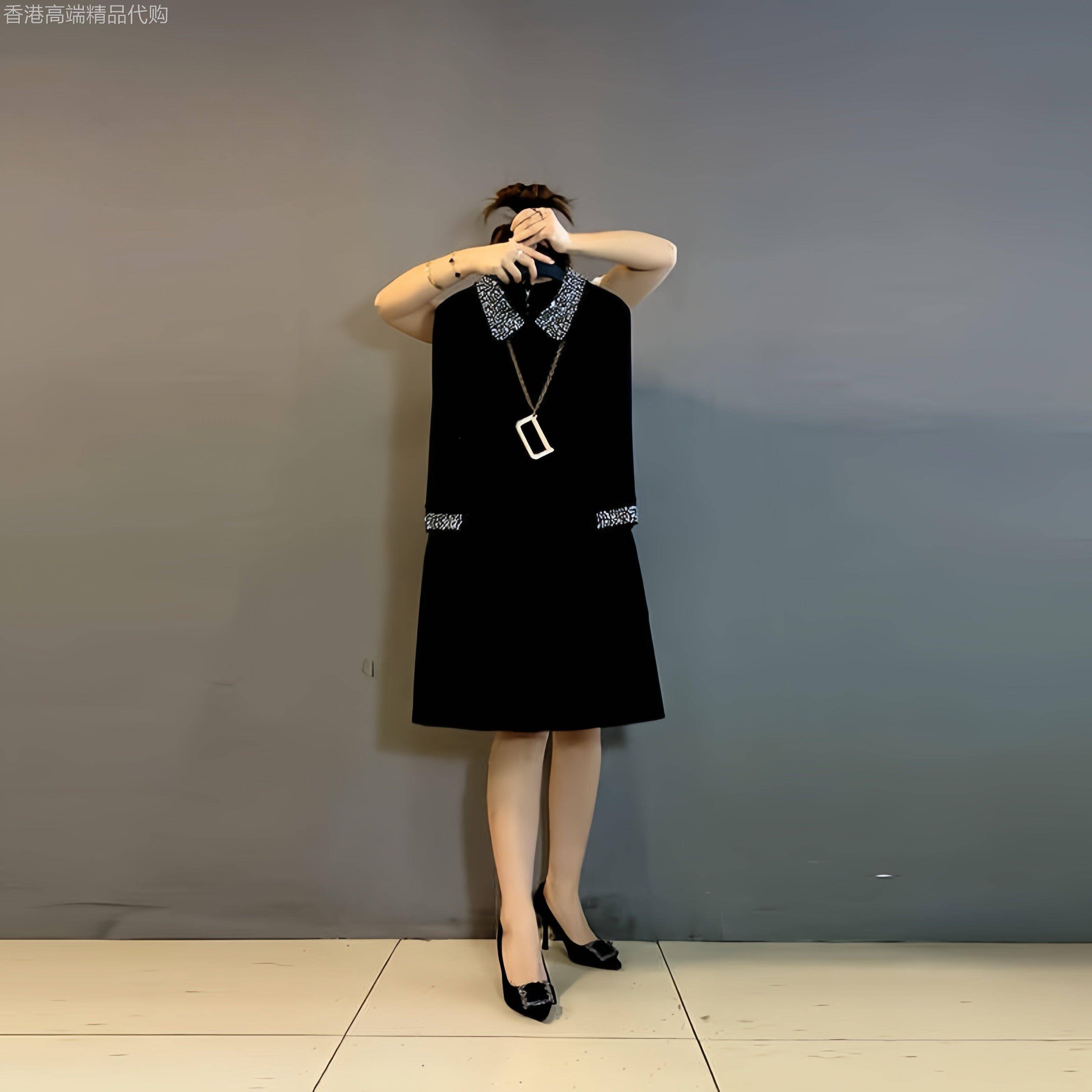香港春秋新款小香风气质长袖烫钻拼接洋装女胖mm显瘦小黑裙大尺码