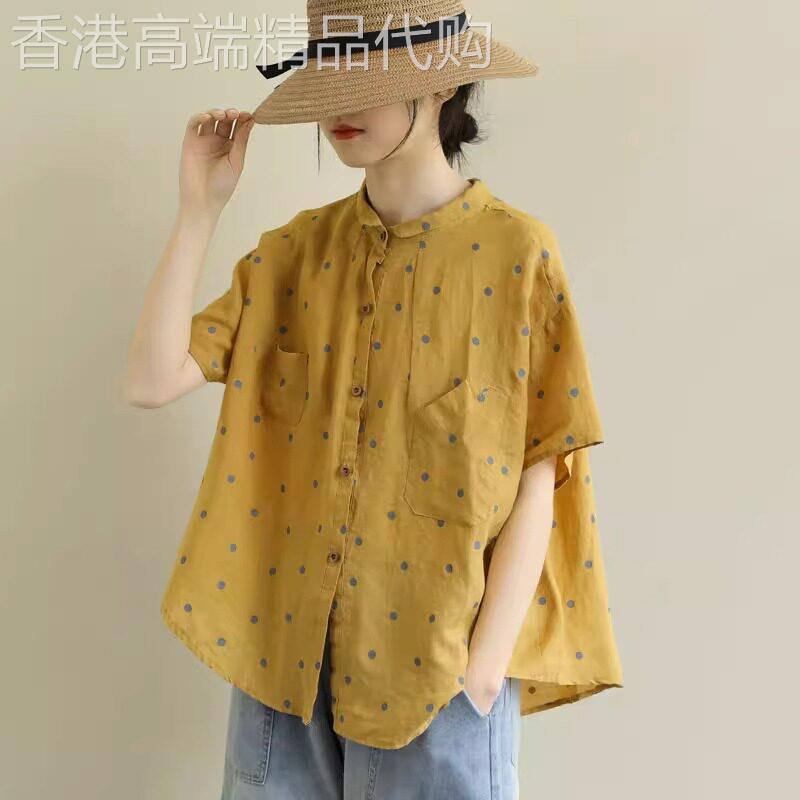 棉麻衬衫女短袖夏季2025新款宽松覆古大尺码显瘦波点设计感亚麻上