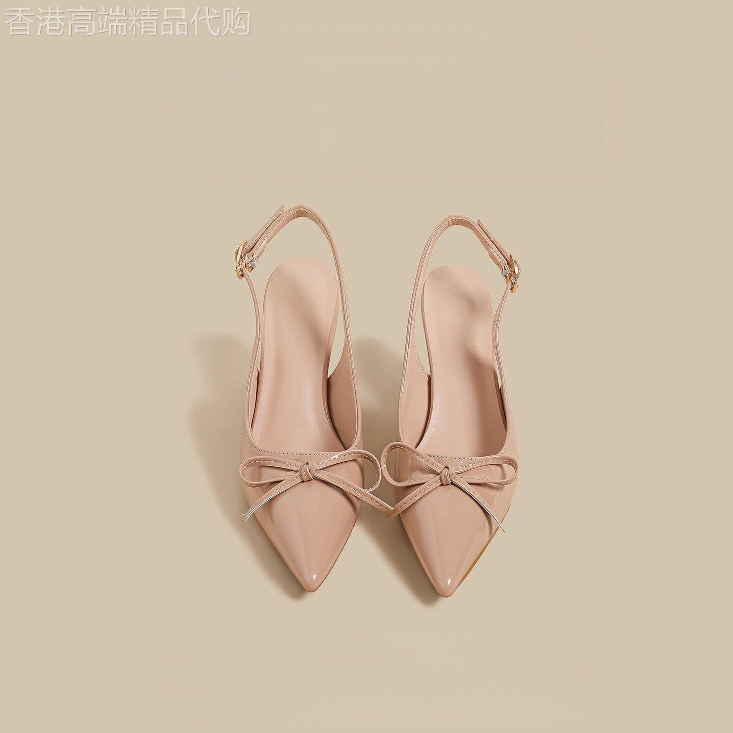 香港真皮裸色细高跟包头凉鞋女夏季2026新款软底蝴蝶结浅口单鞋子