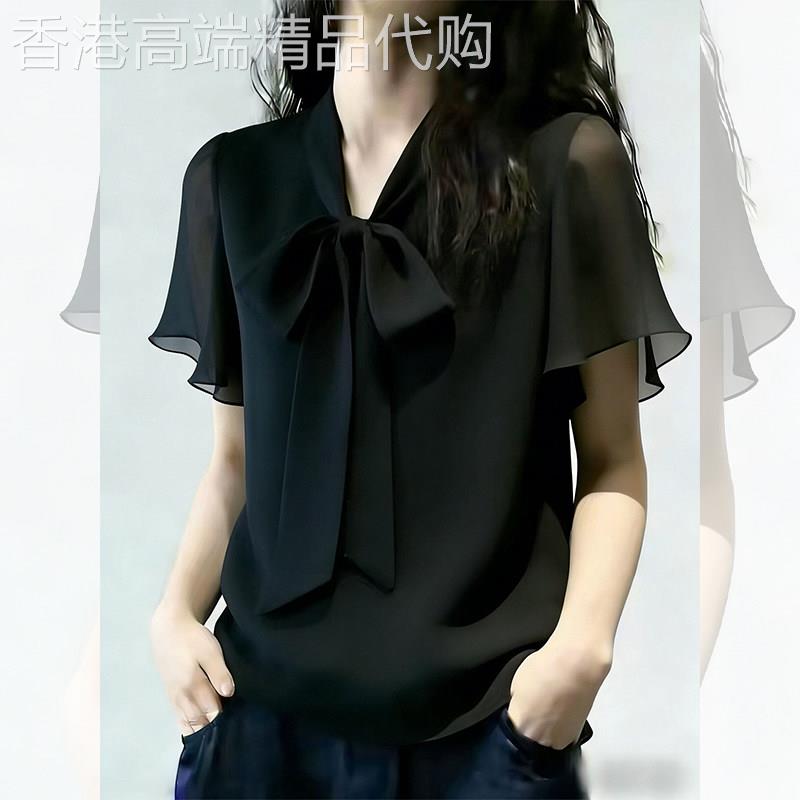 蝴蝶结V领短袖衬衫女夏薄款轻奢时尚通勤显瘦风显瘦百搭优雅上衣