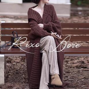 RIXO DORE法式大翻领长袖针织开衫女高级感慵懒风中长款百搭外套