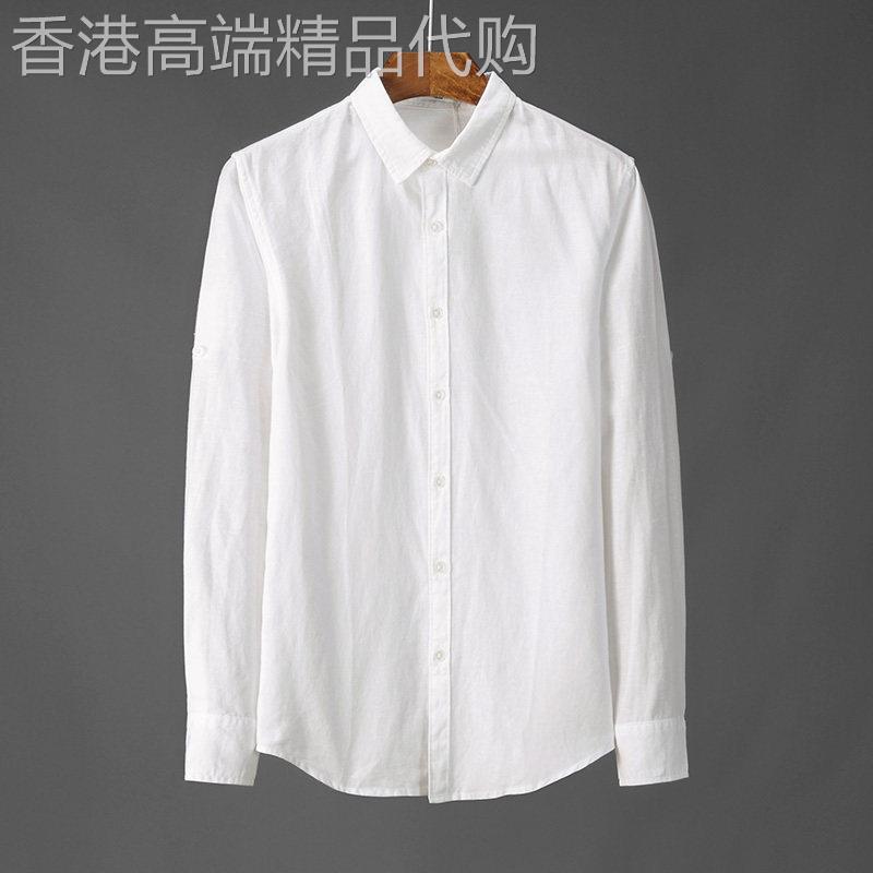 白色亚麻长袖衬衫男士秋季青年麻料棉麻休闲上衣简约透气帅气衬衫