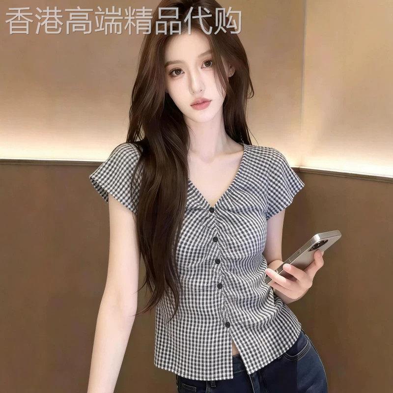 高级感韩版格子V领短袖衬衫女夏新款薄款设计感收褶修身显瘦上衣