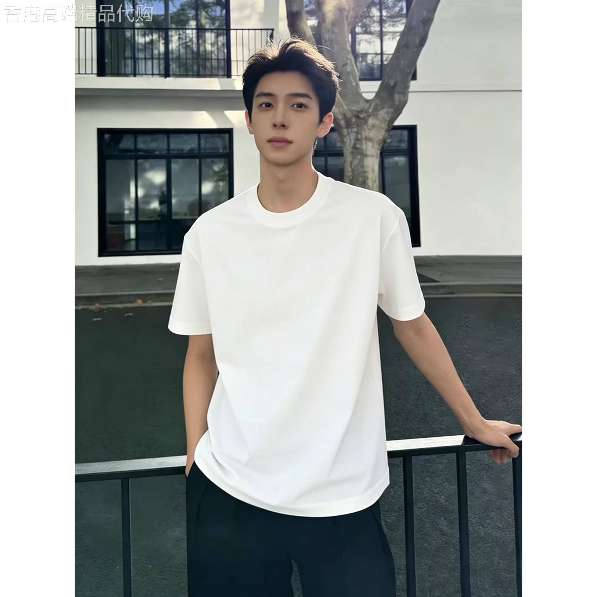 白色美式小领口重磅短袖t恤男款夏季三本针正肩内搭半截袖上衣服