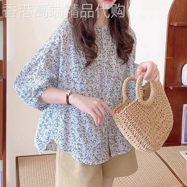 棉麻碎花衬衫女夏季2026年新款韩系设计感洋派娃娃衫圆领衬衫上衣