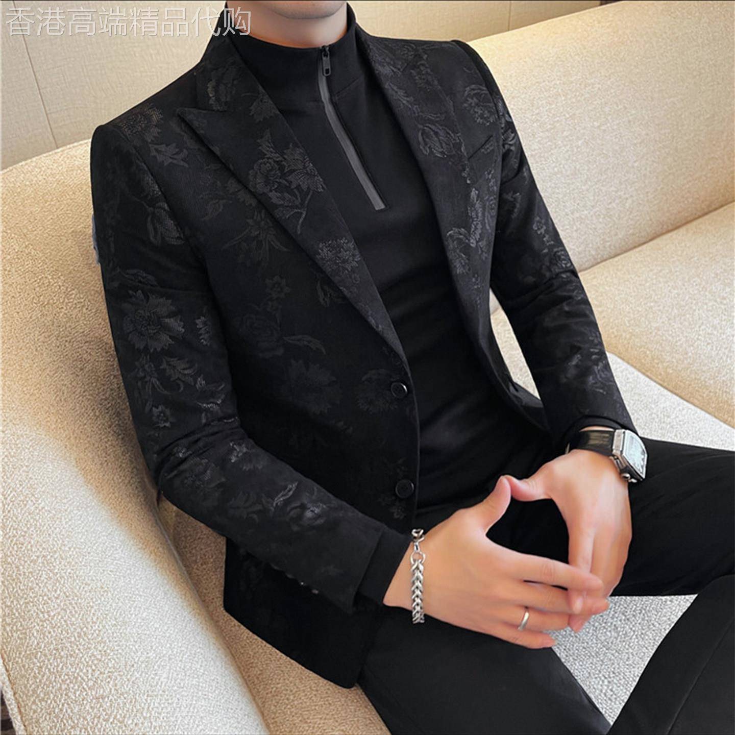 MK正品痞帅修身西服外套男春秋款韩版商务休闲高端碎花纹男士西服