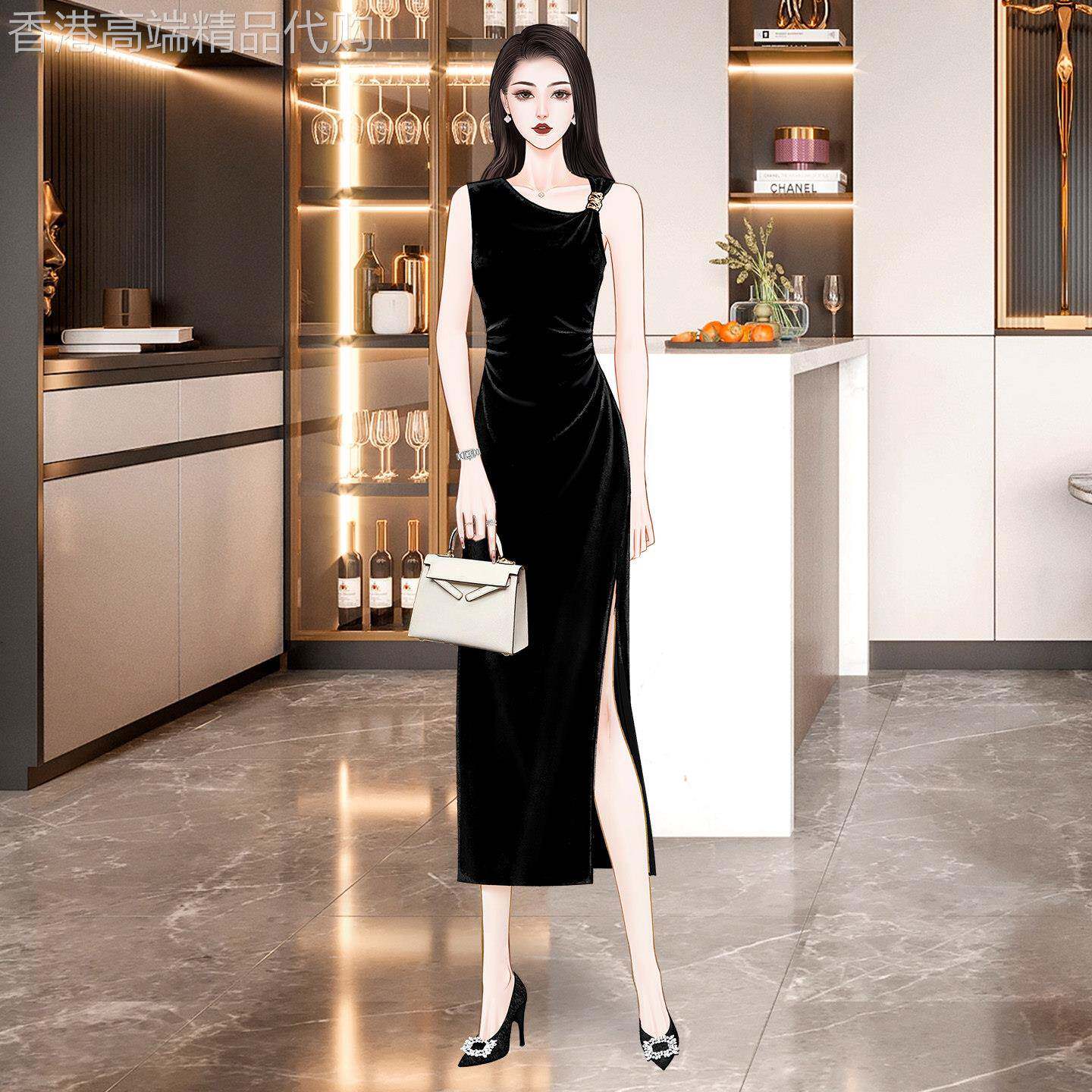 高端聚会战袍黑色丝绒无袖吊带连衣裙女2026早秋气质显瘦礼服裙子