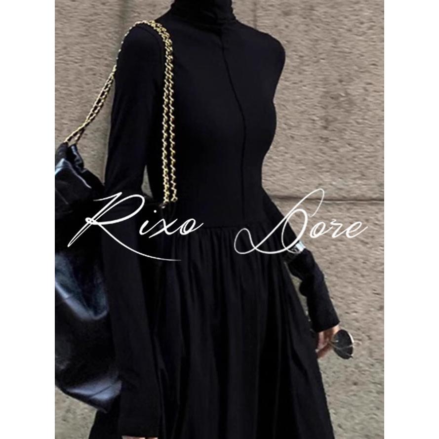 RIXO DORE法式高级感赫本风黑色针织连衣裙子女收腰秋冬大衣长裙