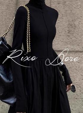 RIXO DORE法式高级感赫本风黑色针织连衣裙子女收腰秋冬大衣长裙