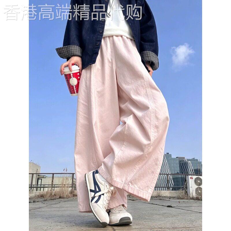 日系粉色阔腿裤女夏薄款2026新款高腰宽松显瘦小个子休闲弯刀裤子