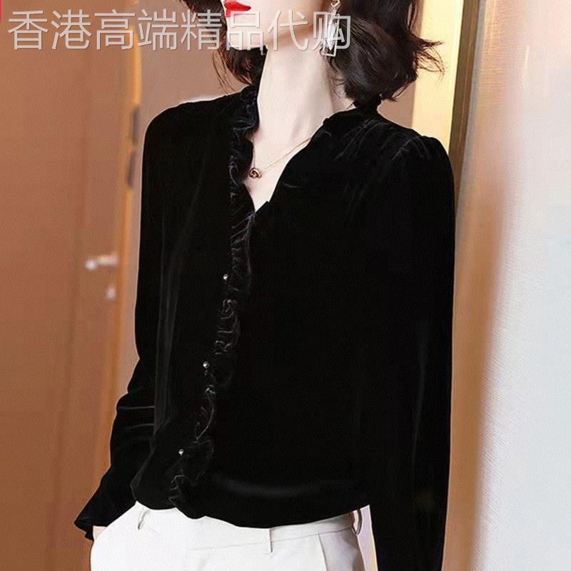 金丝绒上衣女春秋欧货法式小香风木耳边打底衬衫v领长袖大码上衣