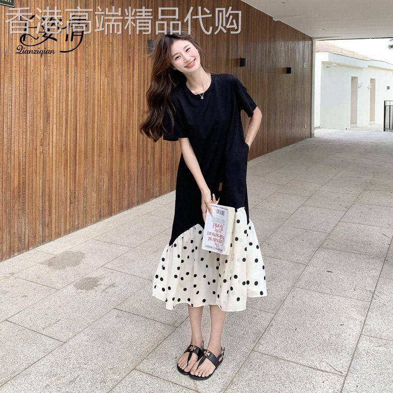黑色T恤拼接波点洋装女夏韩系时尚气质慵懒松弛感宽松休闲长裙