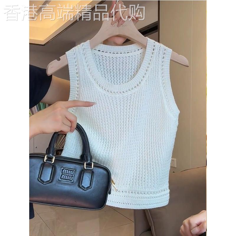 白色低圆领镂空无袖针织背心女2026夏季新款欧货修身显瘦百搭上衣