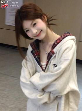 Next Moon英国联名白灰色拼接格子连帽外套女秋冬2025新款宽松潮