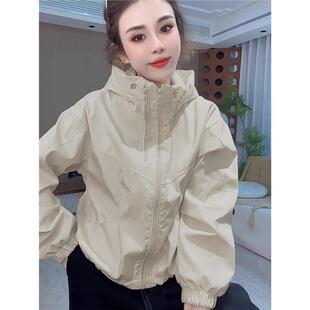 米白色二棉连帽冲锋衣外套女春秋季欧货时尚双拉链超好看夹棉外套