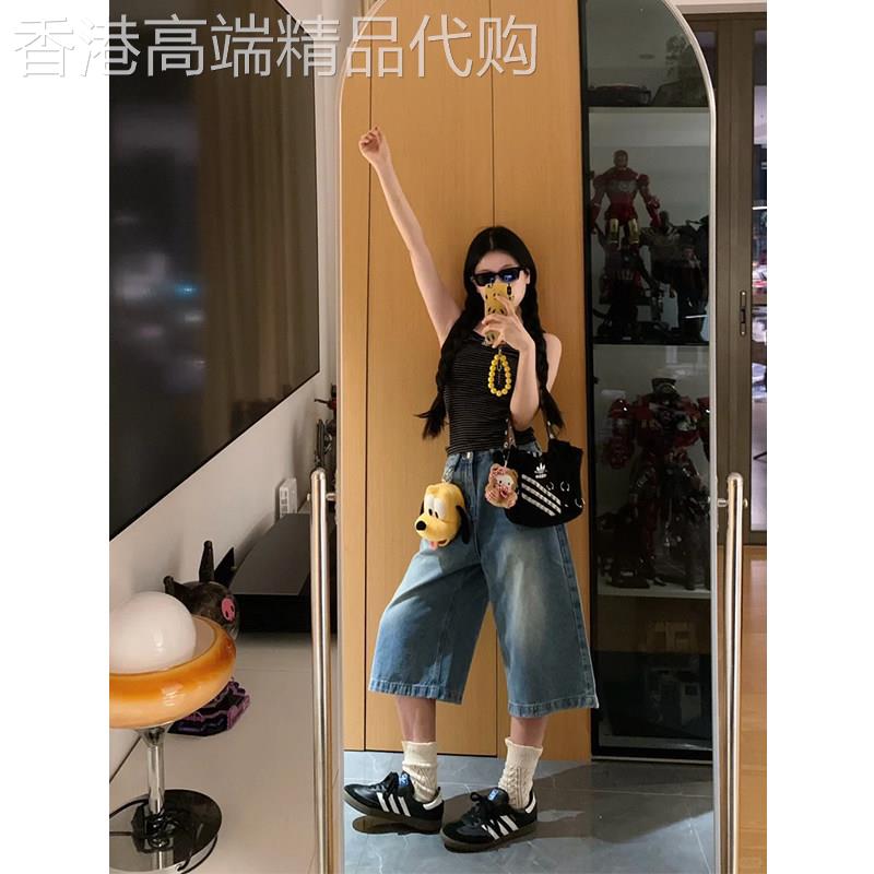 美式水洗牛仔七分短裤女夏季爆款复古直筒阔腿休闲宽松小个子裤子