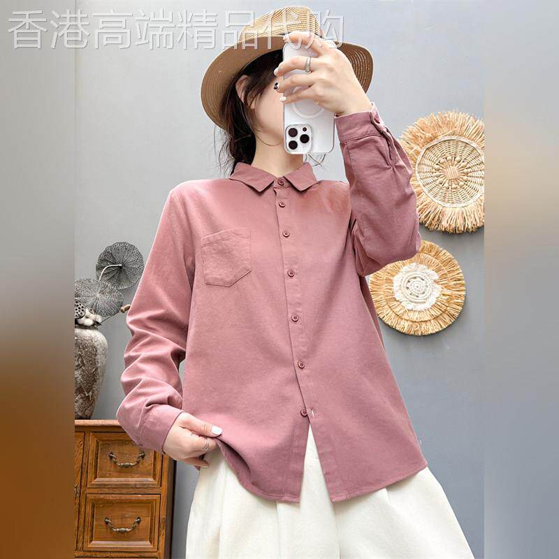 潮牌复古纯棉磨毛长袖衬衫女新款宽松显瘦休闲上衣方领百搭衬衣