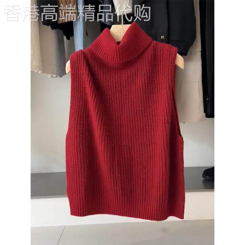 红色垂折领无袖毛衣马甲女秋季叠穿外搭高领短款背心马甲针织上衣