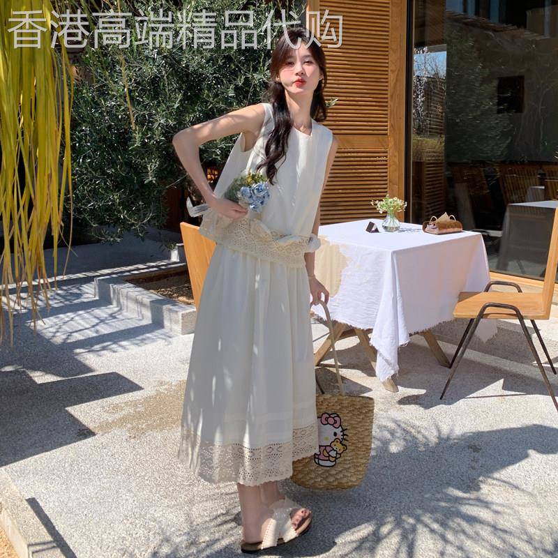 白色法式度假风夏日绝美小套装女2026新款蕾丝拼接背心半裙两件套