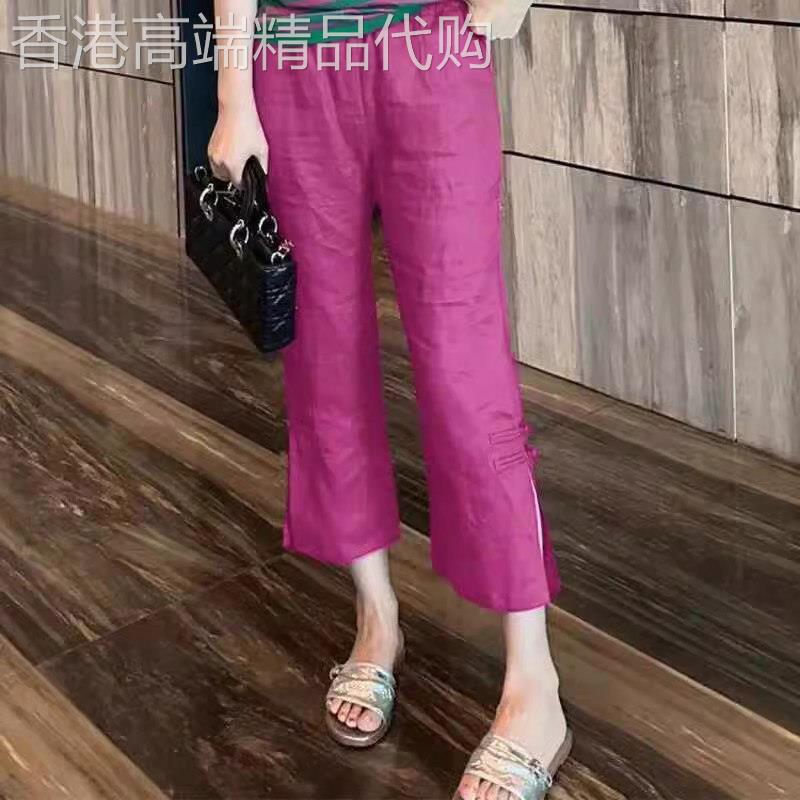 冰丝薄款棉麻弹力收腰七分裤女夏季新款欧货开叉盘扣直筒裤休闲裤