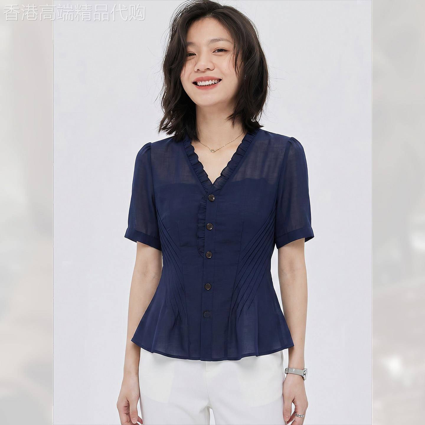 洋派时尚V领收腰短袖衬衫女装夏季2026年新款轻熟风上衣百搭小衫