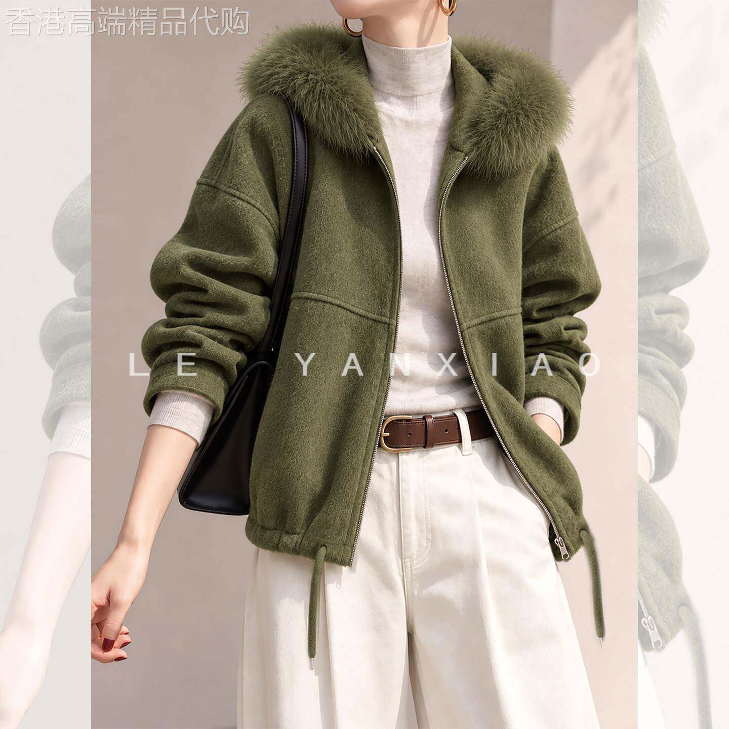 绿色毛毛连帽双面羊毛呢子大衣女冬高级感小个子短款廓形毛呢外套