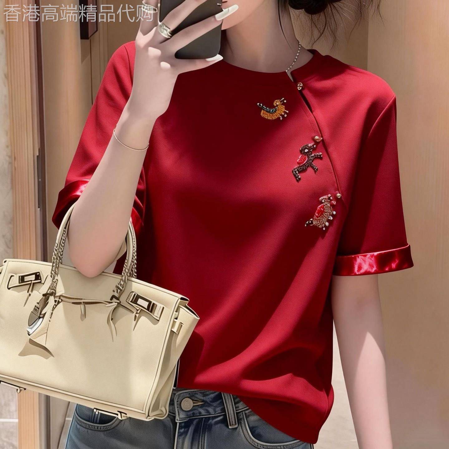 红色短袖T恤女夏季薄2026新款国风刺绣气质百搭正肩圆领半袖上衣