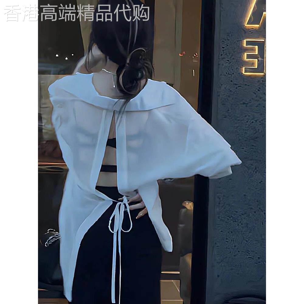 后背开叉薄雪纺防晒衫女夏季欧货微透天丝绑带衬衫高腰开叉半身裙