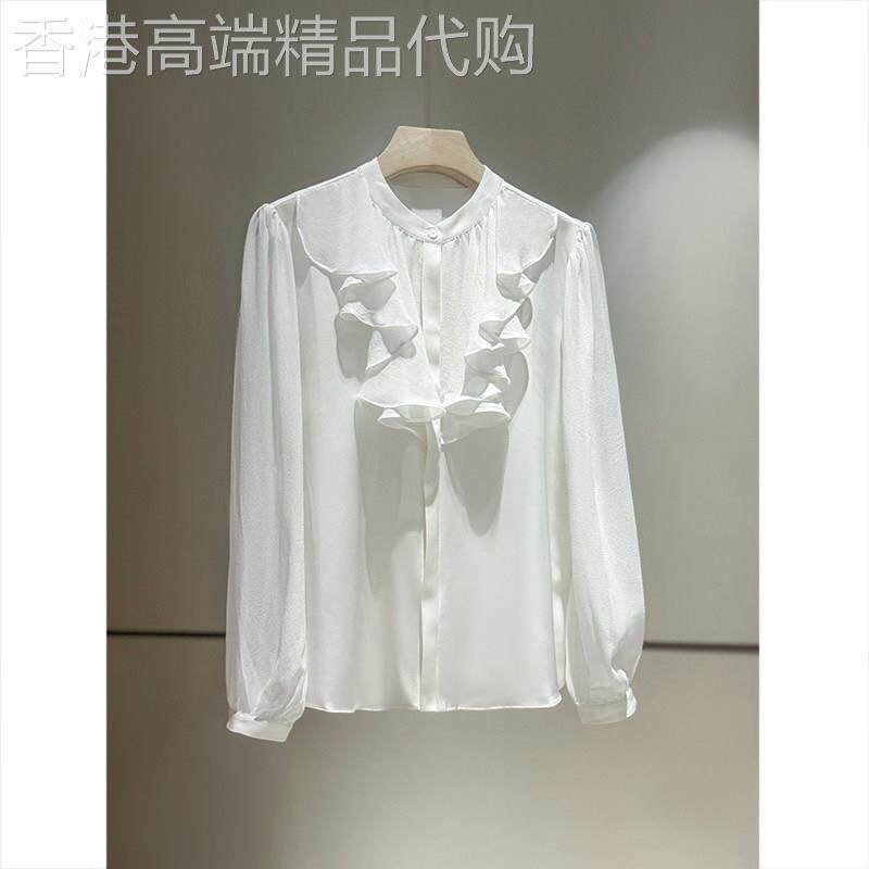 白色女士法式衬衫2025早秋新款荷叶边气质通勤真丝桑蚕丝精致上衣
