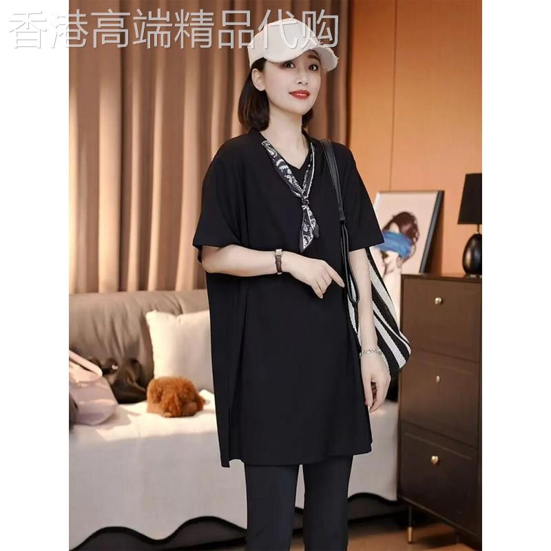 欧货V领丝巾短袖T恤女士夏季气质显瘦宽松遮肉开叉中长版大尺码上