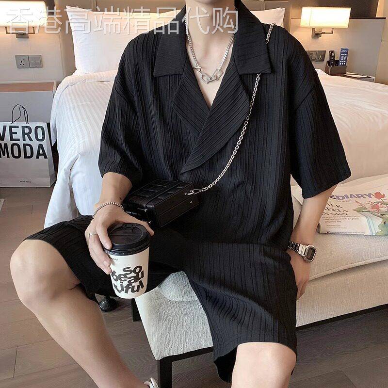古巴领冰丝小西装套装男士夏季薄款潮牌痞帅高级感休闲小西服外套